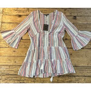 Spiagga Dolce Womens Size S Striped Ruffled Bell Sleeve Cover Up Dress NWT